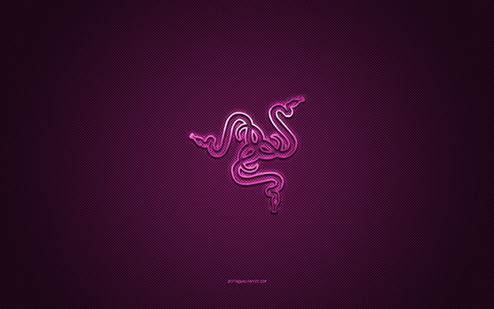 Razer logo, metal emblem, purple carbon texture, Razer, brands, purple background