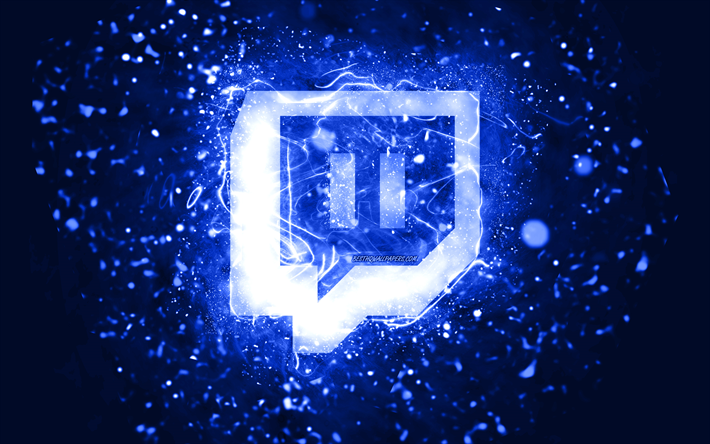logotipo azul oscuro de twitch, 4k, luces de ne&#243;n azul oscuro, creativo, fondo abstracto azul oscuro, logotipo de twitch, red social, twitch