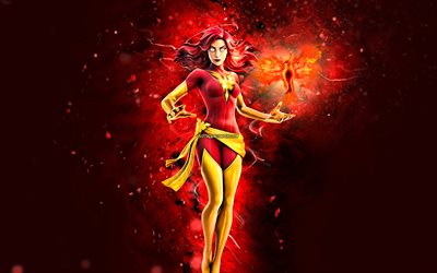 dark phoenix, 4k, luces de ne&#243;n rojas, fortnite battle royale, personajes de fortnite, dark phoenix skin, fortnite, dark phoenix fortnite