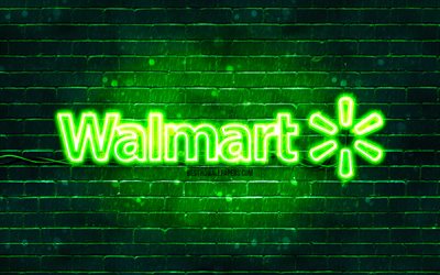 Walmart green logo, 4k, green brickwall, Walmart logo, brands, Walmart neon logo, Walmart