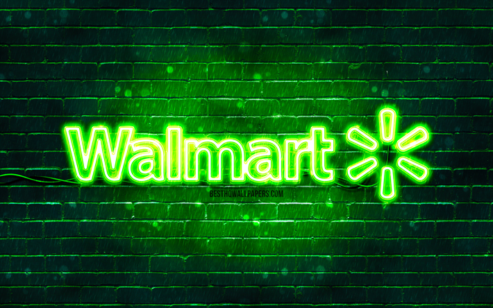 logo verde walmart, 4k, muro di mattoni verde, logo walmart, marchi, logo neon walmart, walmart
