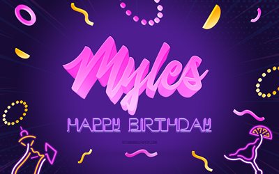 お誕生日おめでとうマイルズ, 4k, 紫のパーティーの背景, マイルズ, クリエイティブアート, mylesの誕生日おめでとう, マイルズの名前, マイルズの誕生日, 誕生日パーティーの背景