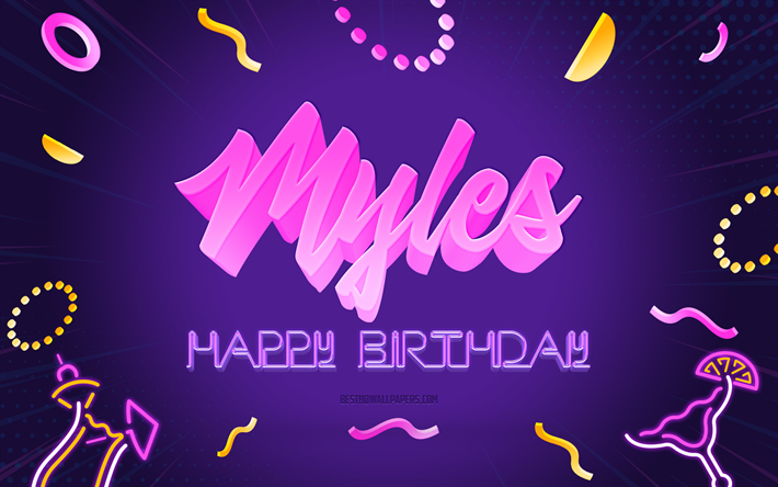 buon compleanno myles, 4k, sfondo festa viola, myles, arte creativa, nome myles, compleanno di myles, sfondo festa di compleanno