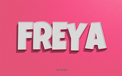 freya, sfondo di linee rosa, sfondi con nomi, nome freya, nomi femminili, biglietto di auguri freya, grafica al tratto, foto con nome freya