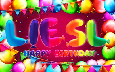 Happy Birthday Liesl, 4k, colorful balloon frame, Liesl name, purple background, Liesl Happy Birthday, Liesl Birthday, popular german female names, Birthday concept, Liesl