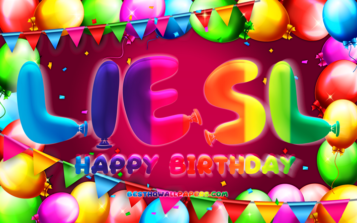 joyeux anniversaire liesl, 4k, cadre de ballon color&#233;, liesl nom, fond violet, liesl joyeux anniversaire, liesl anniversaire, les noms f&#233;minins allemands populaires, anniversaire concept, liesl