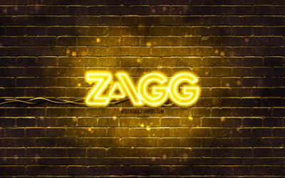 logo zagg giallo, 4k, muro di mattoni giallo, logo zagg, marchi, logo neon zagg, zagg