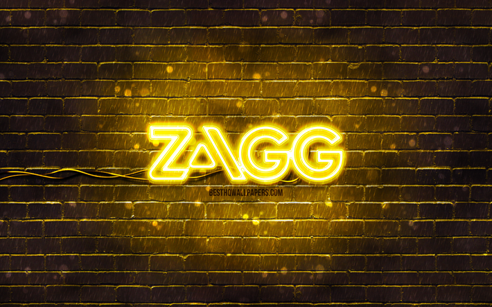 logotipo amarillo de zagg, 4k, pared de ladrillo amarillo, logotipo de zagg, marcas, logotipo de ne&#243;n de zagg, zagg