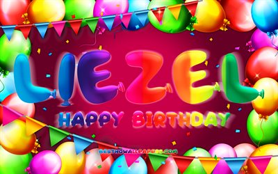 Happy Birthday Liezel, 4k, colorful balloon frame, Liezel name, purple background, Liezel Happy Birthday, Liezel Birthday, popular german female names, Birthday concept, Liezel