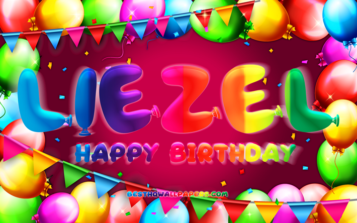 buon compleanno liezel, 4k, cornice palloncino colorato, nome liezel, sfondo viola, liezel buon compleanno, liezel compleanno, nomi femminili tedeschi popolari, concetto di compleanno, liezel