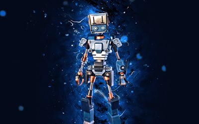 lok bot, 4k, luci al neon blu, fortnite battle royale, personaggi fortnite, lok bot skin, fortnite, lok bot fortnite