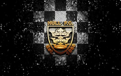 Hull FC, glitter logo, SLE, black white checkered background, rugby, english rugby club, Hull FC logo, mosaic art