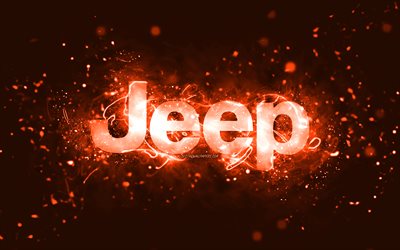jeep orange logotyp, 4k, orange neonljus, kreativ, orange abstrakt bakgrund, jeep logotyp, bilmärken, jeep