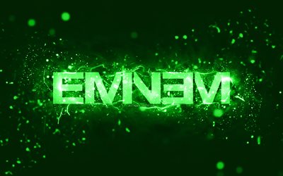 شعار ايمينيم الأخضر, 4k, مغني الراب الأمريكي, أضواء النيون الخضراء, خلاق, أخضر، جرد، الخلفية, مارشال بروس ماذرز الثالث, شعار ايمينيم, نجوم الموسيقى, ايمينيم