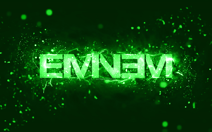 logotipo verde de eminem, 4k, rapero estadounidense, luces de ne&#243;n verdes, creativo, fondo abstracto verde, marshall bruce mathers iii, logotipo de eminem, estrellas de la m&#250;sica, eminem