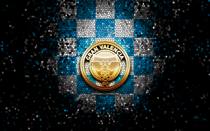 gran valencia fc, parıltılı logo, la liga futve, mavi beyaz damalı arka plan, futbol, ​​venezuela futbol kul&#252;b&#252;, gran valencia logosu, mozaik sanatı, venezuela primera division, fc gran valencia