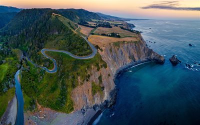 Pacific Ocean, coast, evening, sunset, mountains, road, seascape, California, USA