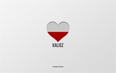 amo kalisz, citt&#224; polacche, giorno di kalisz, sfondo grigio, kalisz, polonia, cuore della bandiera polacca, citt&#224; preferite, love kalisz