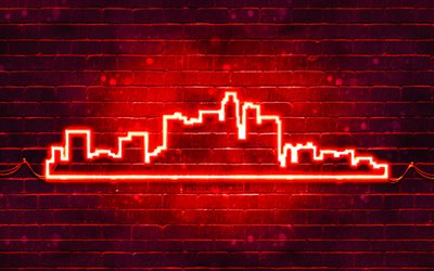 Los Angeles red neon silhouette, 4k, red neon lights, Los Angeles skyline silhouette, red brickwall, american cities, neon skyline silhouettes, USA, Los Angeles silhouette, Los Angeles