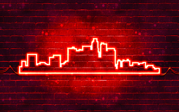Los Angeles red neon silhouette, 4k, red neon lights, Los Angeles skyline silhouette, red brickwall, american cities, neon skyline silhouettes, USA, Los Angeles silhouette, Los Angeles