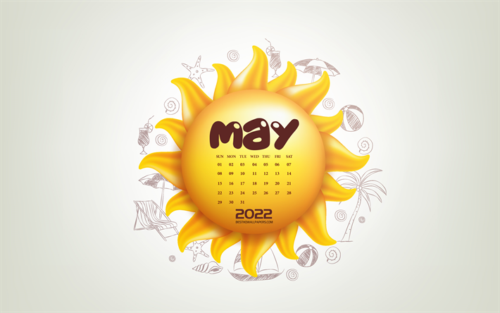 calendario maggio 2022, sole 3d, estate, maggio, calendari primaverili 2022, sfondo sole 3d