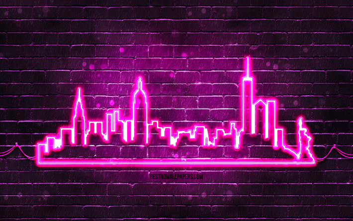 new york mor neon siluet, 4k, mor neon ışıkları, new york silueti silueti, mor brickwall, amerikan şehirleri, neon silueti siluetleri, abd, new york silueti, new york, nyc