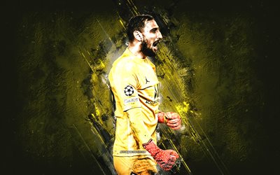 Gianluigi Donnarumma, PSG, goalkeeper, Paris Saint-Germain, yellow stone background, grunge art, Ligue 1, France, football