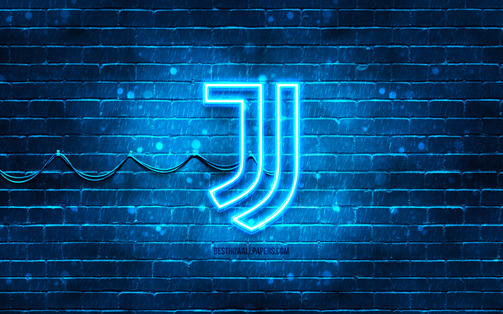 Juventus FC blue logo, 4k, blue brickwall, Juventus FC logo, brands, Juve, Juventus FC neon logo, Juventus FC, Juventus logo