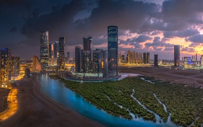 Abu Dhabi, Evening, skyscrapers, United Arab Emirates, city lights