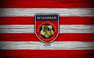 Myanmar national football team, 4k, logo, AFC, football, wooden texture, soccer, Myanmar, Asia, Asian national football teams, Myanmar Football Federation