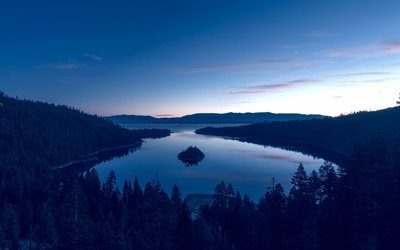 4k, Lake Tahoe, trevas, lago de montanha, Emerald Bay State Park, EUA, Calif&#243;rnia
