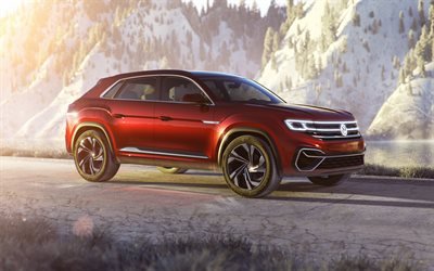 4k, Volkswagen Atlas Cross Sport Concept, road, 2019 bilar, VW, Stadsjeepar, Volkswagen