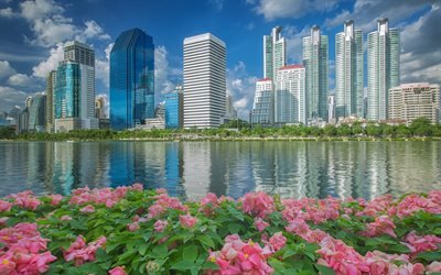 Thailand, Bangkok, cityscapes, modern buildings, flowers, Asia