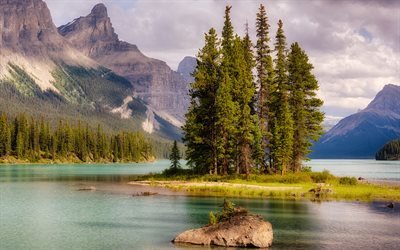 Canada, 4k, summer, lake, island, mountains, Alberta