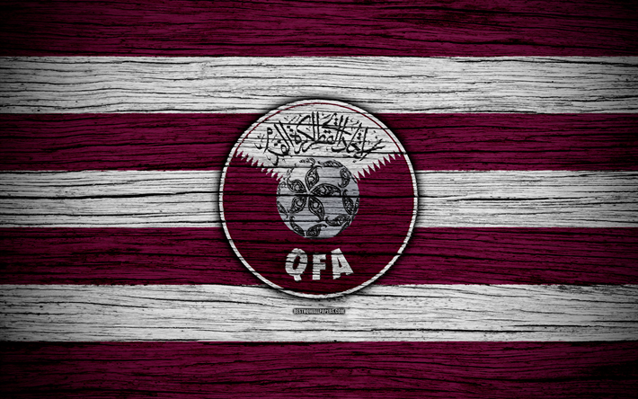 Qatar national football team, 4k, logo, AFC, football, wooden texture, soccer, Qatar, Asia, Asian national football teams, Qatari Football Federation