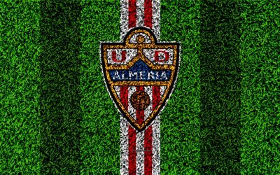 UD Almeria, logo, 4k, football lawn, Spanish football club, LaLiga2, white red lines, grass texture, Segunda, Division B, Almeria, Spain, football, Almeria FC