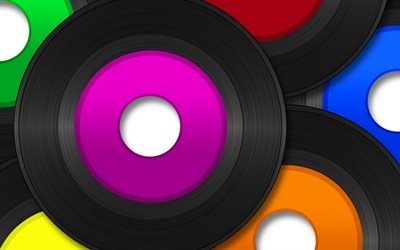 vinyl records, close-up, multi-colored plates, musical plates, vinyls