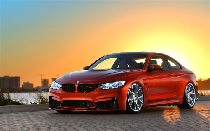BMW M4, coucher de soleil, 2018 voitures, la posture, l&#39;accordage, le BW M4 F82, rouge m4, BMW