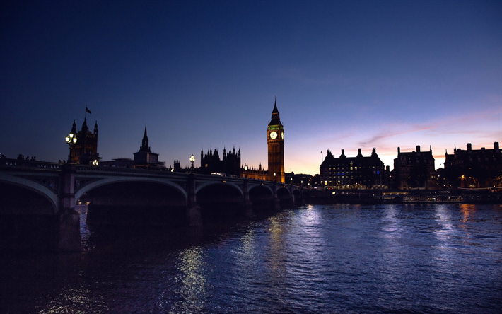 4k, Big Ben, Westminster Bridge, Thames River, english landmarks, darkness, London, England, UK