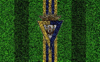 Cadiz CF, logo, 4k, calcio prato, squadra di calcio spagnola, LaLiga2, blu-giallo linee, erba texture, Segunda Divisione B, Cadice, in Spagna, il calcio