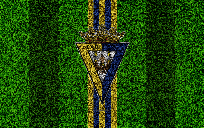 Cadiz CF, logo, 4k, football lawn, Spanish football club, LaLiga2, blue-yellow lines, grass texture, Segunda, Division B, Cadiz, Spain, football