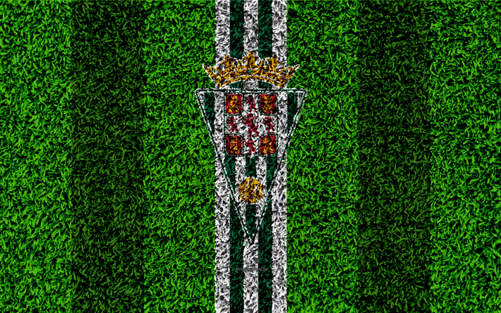 قرطبة CF, شعار, 4k, كرة القدم العشب, الاسباني لكرة القدم, LaLiga2, الأخضر خطوط بيضاء, العشب الملمس, الثاني, شعبة ب, قرطبة, إسبانيا, كرة القدم, قرطبة FC