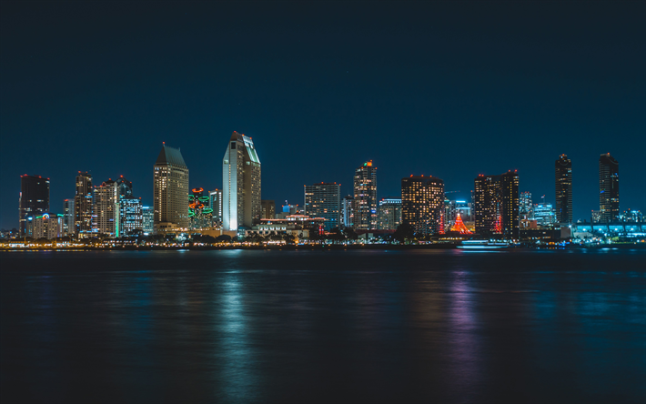 4k, San Diego, noturnas, aterro, edif&#237;cios modernos, paisagens de cidade, EUA, Am&#233;rica