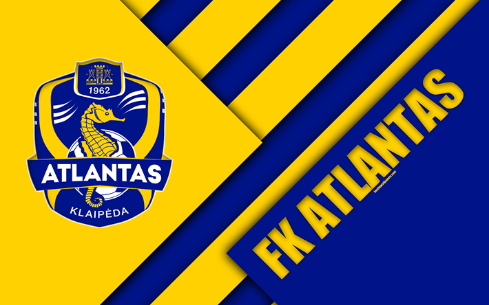FK Atlantas, 4k, logo, Lithuanian football club, blue yellow abstraction, material design, A Lyga, Klaipeda, Lithuania, football, Atlantas FC