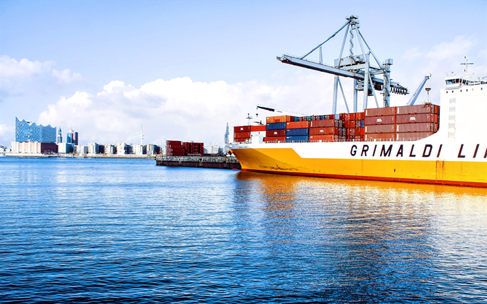 Grande Congo, 4k, container ship, port, container Carrier, cargo ship, Ro-Ro Cargo, Grimaldi Lines