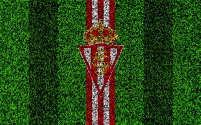 Real Sporting de Gijon, logo, 4k, football lawn, Spanish football club, LaLiga2, red white lines, grass texture, Segunda, Division B, Gijon, Spain, football, Gijon FC