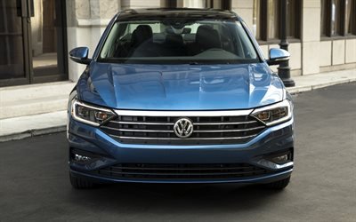 Volkswagen Jetta, 2018, front view, exterior, new blue Jetta, German cars, Volkswagen