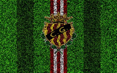 Gimnastic FC, logo, 4k, football lawn, Spanish football club, LaLiga2, red white lines, grass texture, Segunda, Division B, Tarragona, Spain, football, Gimnastic de Tarragona