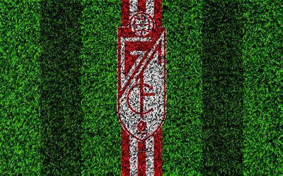 Granada CF, logo, 4k, football lawn, Spanish football club, LaLiga2, red white lines, grass texture, Segunda, Division B, Granada, Spain, football