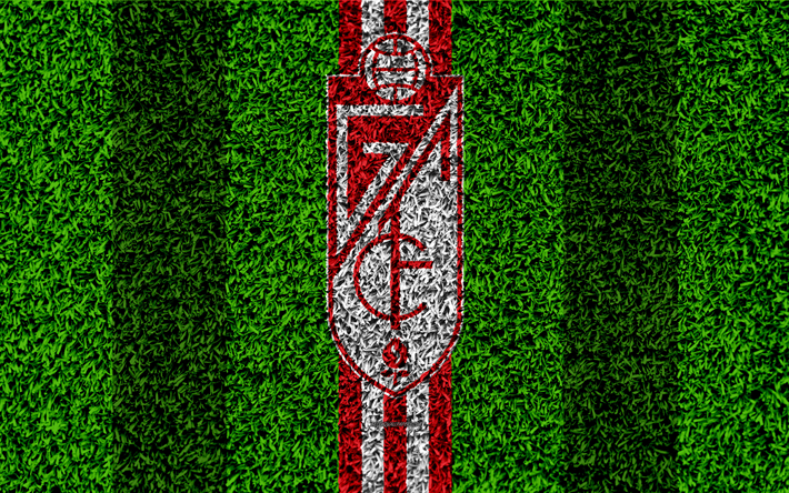 Granada CF, logo, 4k, football de la pelouse, le club de football espagnol, LaLiga2, rouge blanc des lignes, de l&#39;herbe, de la texture, de Segunda Division B, Grenade, Espagne, football